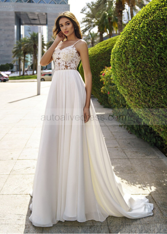 Beaded Spaghetti Straps Ivory Lace Chiffon Wedding Dress